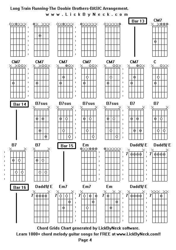 Chord Grids Chart of chord melody fingerstyle guitar song-Long Train Running-The Doobie Brothers-BASIC Arrangement,generated by LickByNeck software.